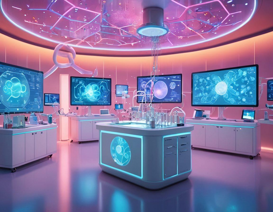 A futuristic oncology laboratory showcasing advanced medical technologies, with a diverse team of scientists collaborating over holographic data displays. In the background, modern treatment equipment glows softly, and colorful molecular structures float in the air, symbolizing innovative therapies. The atmosphere is bright and optimistic, reflecting hope in cancer treatment advancements. super-realistic. vibrant colors. 3D.