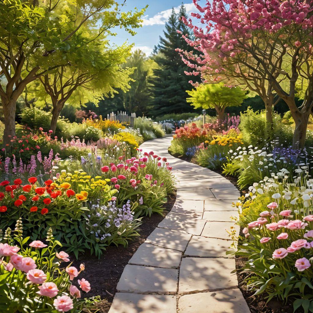 A serene landscape illustrating a winding path through a blossoming garden, symbolizing the journey of cancer prevention and treatment. Include diverse figures representing survivors sharing stories along the path, surrounded by vibrant flowers and sunlight. The scene should convey hope, resilience, and community support. whimsical. vibrant colors. soft focus.