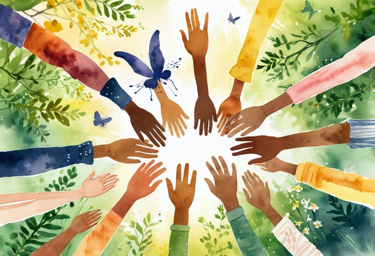 A diverse group of smiling individuals, each representing different backgrounds and stories, holding hands in a circle of support. In the background, soft rays of sunlight break through a serene landscape symbolizing hope and resilience. Incorporate elements like butterflies and blooming flowers to signify growth and transformation. Warm, comforting color tones fill the scene to evoke positivity and strength. watercolor painting. vibrant colors.